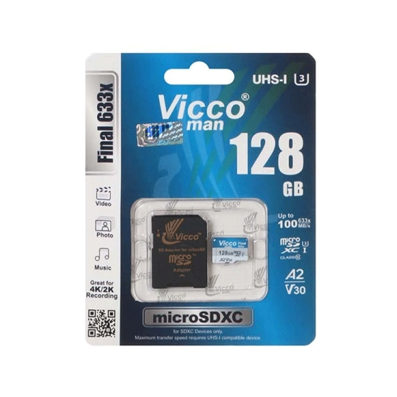 کارت حافظه ویکومن مدل Vicco Man Final 633x U3 100MB/s حافظه 128 گیگابایت به همراه آداپتور SD
