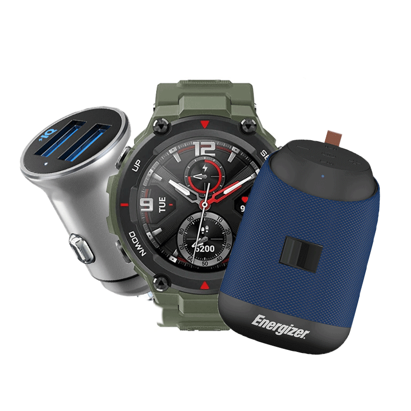 پکیج ساعت هوشمند امیزفیت مدل T-Rex Pro به همراه اسپیکر بلوتوثی انرجایزر مدل BTS061 و شارژر فندکی انکر مدل A2727 Powerdrive2 Alloy