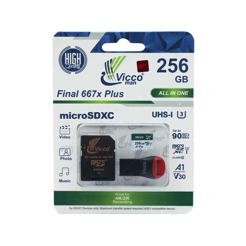 کارت حافظه microSDXC ویکومن مدل Final 667X کلاس 10 استاندارد UHS-I U3 سرعت 90MBps ظرفیت 256 گیگابایت همراه با آداپتور کارت حافظه microSDXC ویکومن مدل Final 667X کلاس 10 استاندارد UHS-I U3 سرعت 90MBps ظرفیت 256 گیگابایت همراه با آداپتور