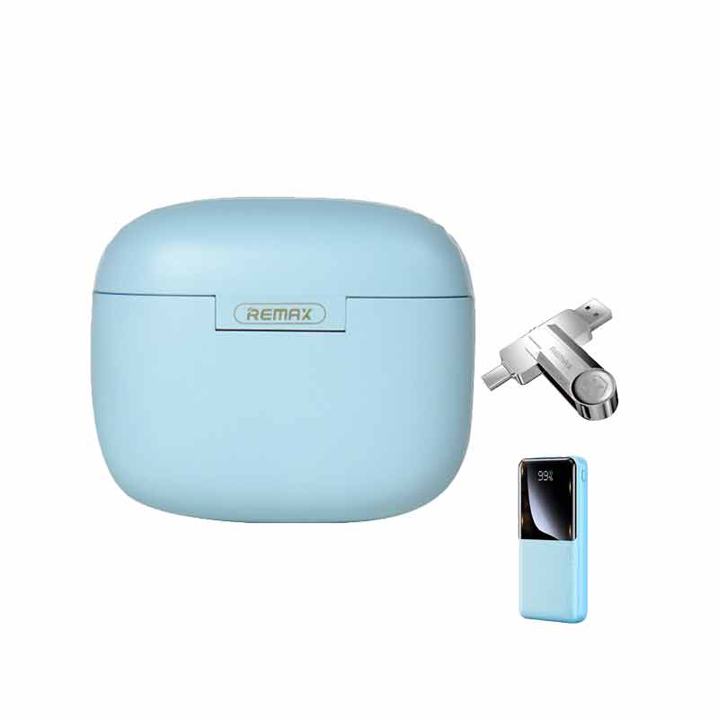 هدفون بلوتوثی ریمکس مدل CozyBuds 2E + پاوربانک ریمکس مدل RPP-623 + فلش مموری ریمکس مدل RX-817 کد (VAL023)