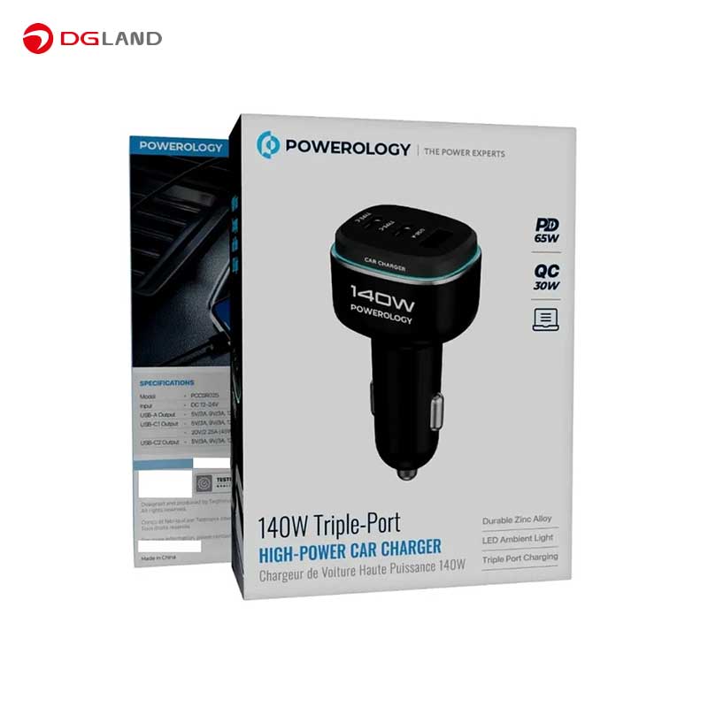 شارژر فندکی سه پورت  140 وات پاورولوژی مدل PCCSR025