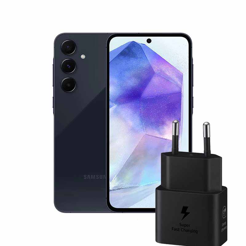 پکیج  گوشی موبایل سامسونگ مدل Galaxy A55 5G دو سیم کارت ظرفیت 128 گیگابایت و رم 8 گیگابایت - ویتنام به همراه شارژر دیواری 2 پین سامسونگ 25 وات مدل EP-T2510