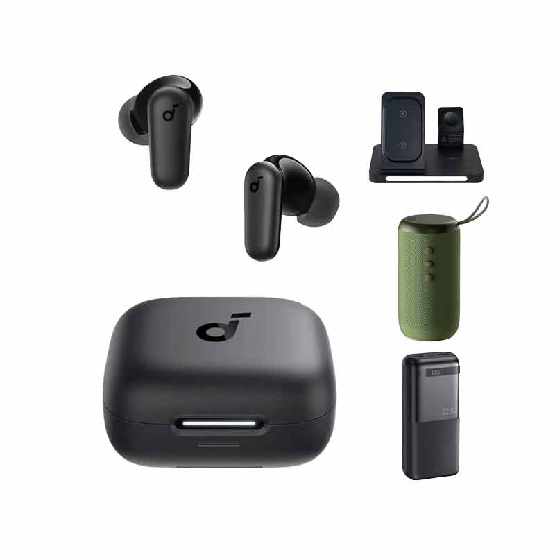 هدفون بلوتوثی انکر مدل R50i NC A3959 + پاوربانک ریمکس مدل RPP-72 + اسپیکر ریمکس مدل Scuba RB-M62 + شارژر بی سیم پایزن مدل (XY-C56 (3in 1  کد (VAL042)