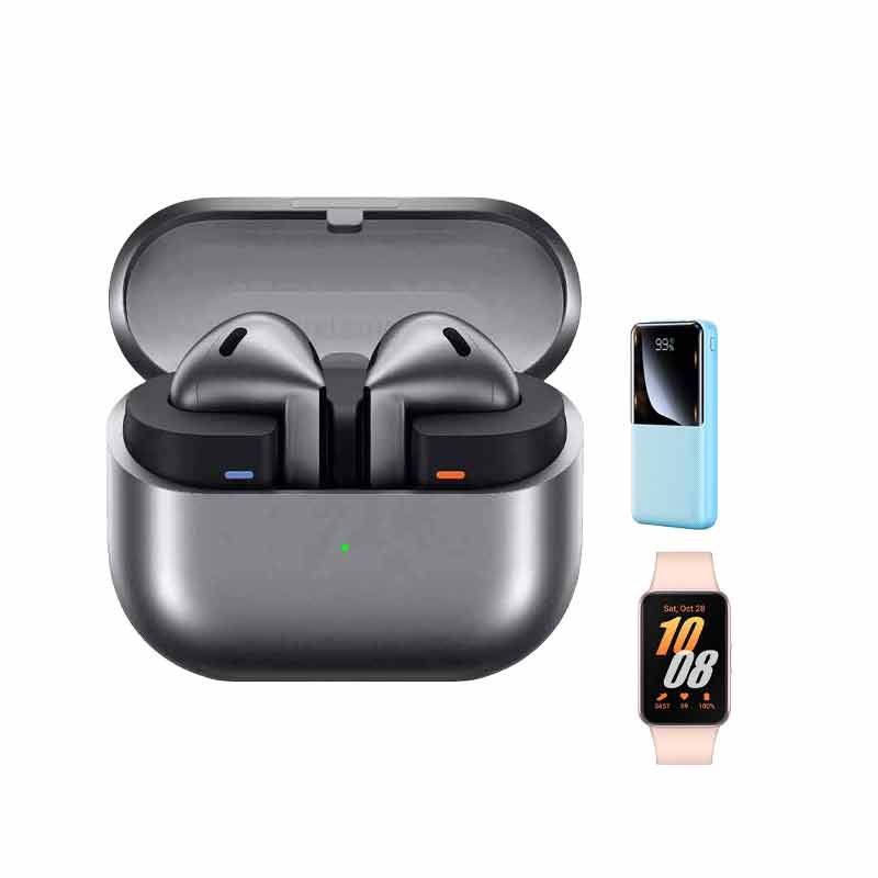 هدفون بلوتوثی سامسونگ مدل Galaxy Buds 3 + ساعت هوشمند سامسونگ مدل  Galaxy Fit3 40mm + شارژر همراه ریمکس مدل  Rpp-623 کد (VAL064)