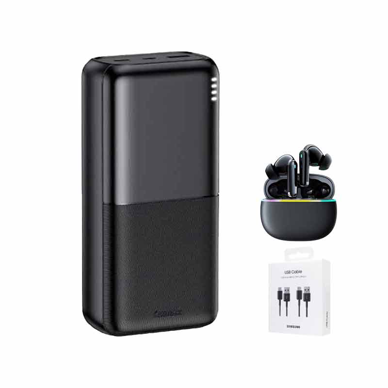 پاوربانک ریمکس مدل RPP-177 ظرفیت 30000 میلی آمپر ساعت + پک کابل سامسونگ 2 عددی +  هدفون ریمکس مدل Cozy Pods W7n Pro کد (VAL040)