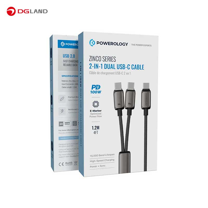 کابل شارژ تایپ سی به تایپ سی پاورولوژی مدل Zinco Series 2-IN-1 Dual PWDC100D کابل شارژ تایپ سی به تایپ سی پاورولوژی مدل Zinco Series 2-IN-1 Dual PWDC100D