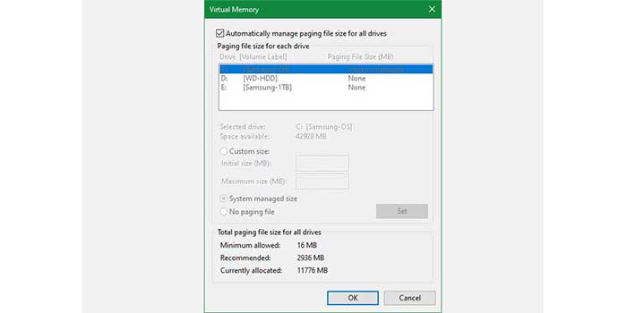 تنظیمات Paging File را اضافه کنید-رفع مشکل بوت شدن آهسته ویندوز 10